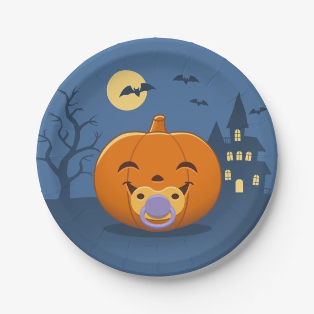 My First Halloween Pacifier Pumpkin Paper Plates (Front)