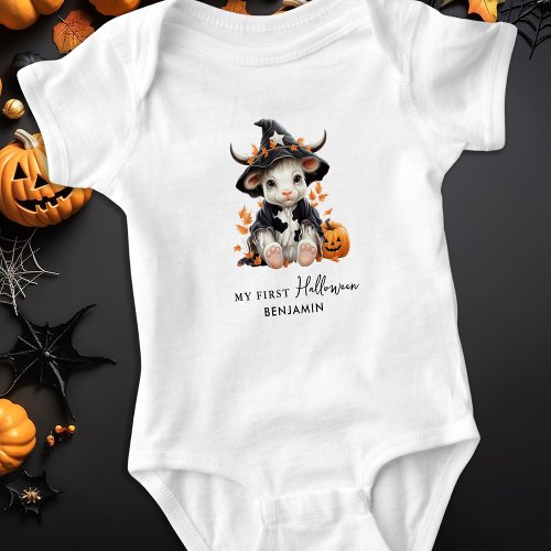 My First Halloween Personalized Cute Witch Cow Baby Bodysuit
