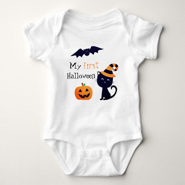 My First Halloween Pumpkin Bat Cat With Witch Hat Baby Bodysuit (Front)