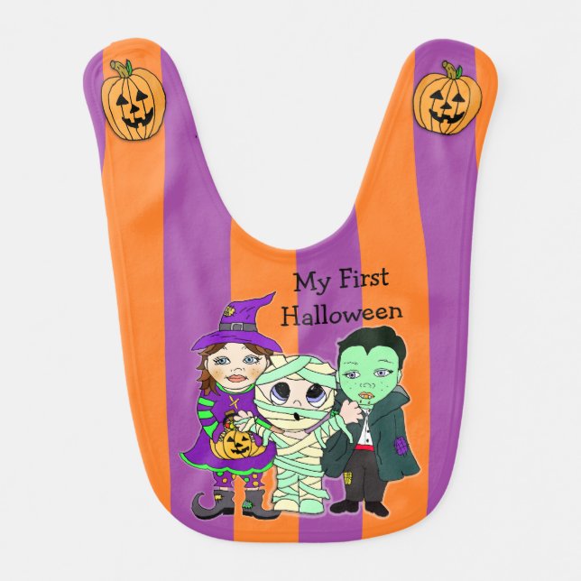 My First Halloween Vampire, Mummy and Witch Baby Baby Bib (Front)