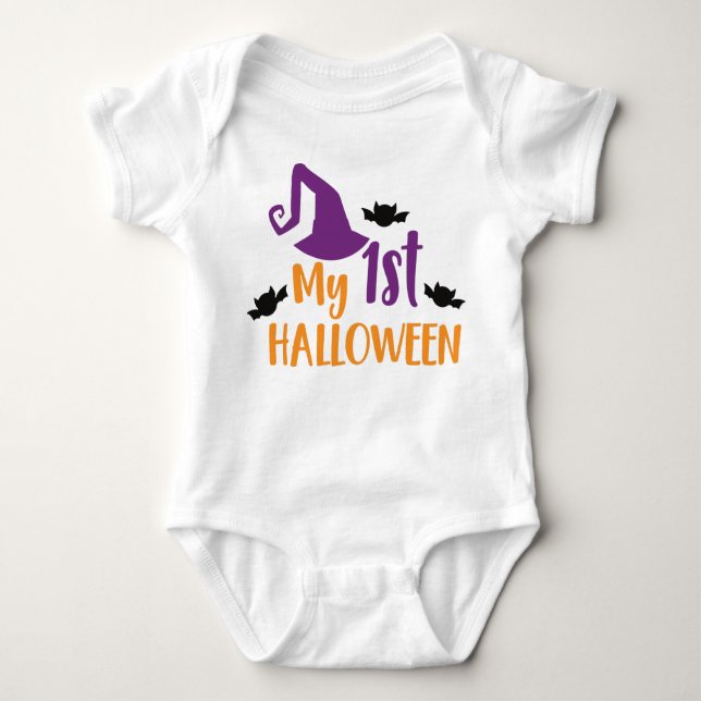 My First Halloween, Witch Hat, Pointy Hat, Bats Baby Bodysuit (Front)