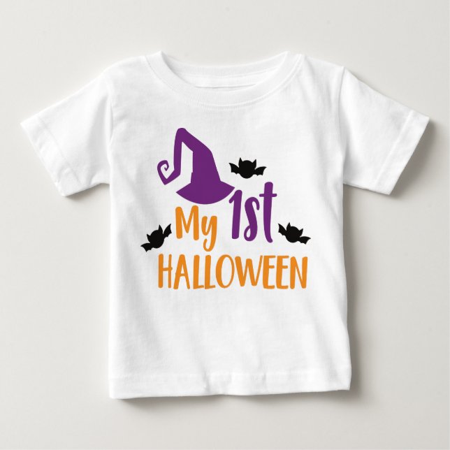My First Halloween, Witch Hat, Pointy Hat, Bats Baby T-Shirt (Front)