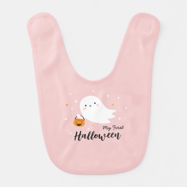 My First Halloween with Cute Ghost pink Baby Bib (Front)