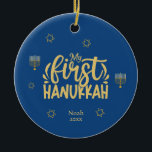 My First Hanukkah Blue, Star, Menorah Ceramic Ornament<br><div class="desc">Celebrate the joy of the first Hanukkah with a special, personalized photo of your newborn! This unique design features elegant colors of blue and golden with Stars of David, a menorah, and typography. Easily change the text by clicking on the "personalize this template" option. Check out this collection for matching...</div>