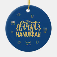 My First Hanukkah Blue, Star, Menorah Ceramic Ornament at Zazzle