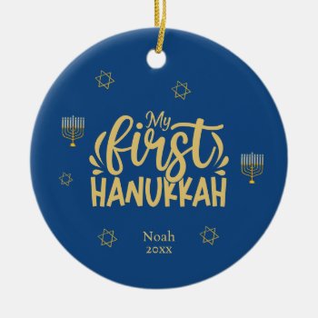 My First Hanukkah Blue  Star  Menorah Ceramic Ornament by Jivitaranedesigns at Zazzle