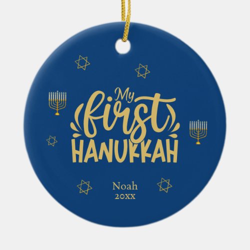 My First Hanukkah Blue Star Menorah Ceramic Ornament