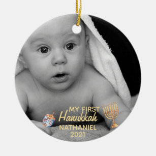 My First Hanukkah Menorah Photo Template Ceramic Ornament