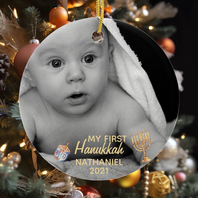 My First Hanukkah Menorah Photo Template Ceramic Ornament (Creator Uploaded)