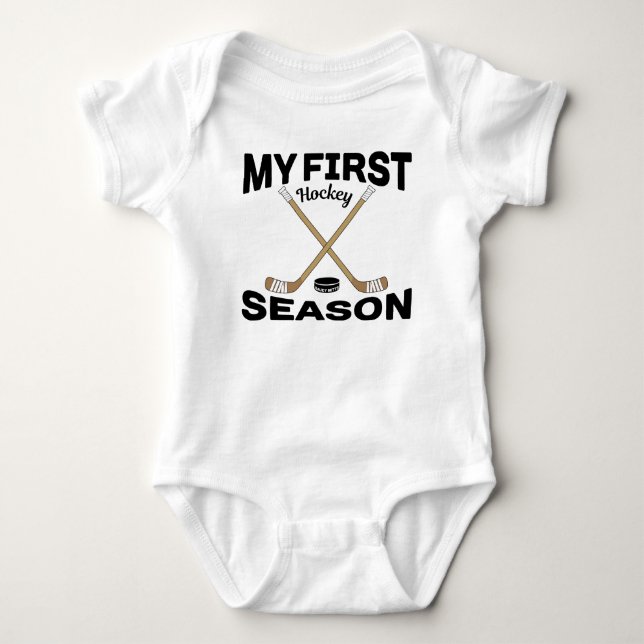 My First Hockey Season Hockey Sticks and Puck Baby Bodysuit (Front)