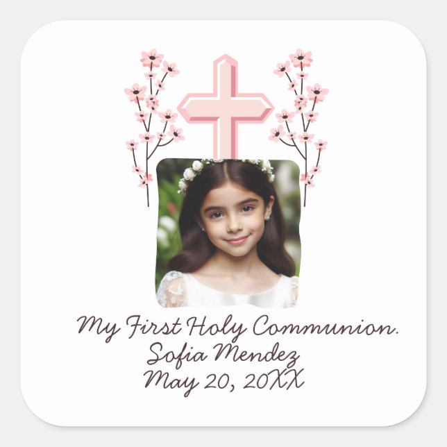 My First Holy Communion Custom Photo Floral  Square Sticker (Front)