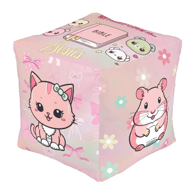 “My First Love Is Jesus” with Cute Animal Design Pouf (Angled Front)