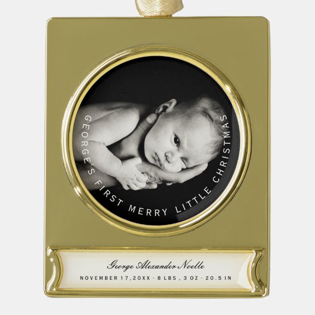 My First Merry Little Christmas Circle Typography Gold Plated Banner Ornament (Front)