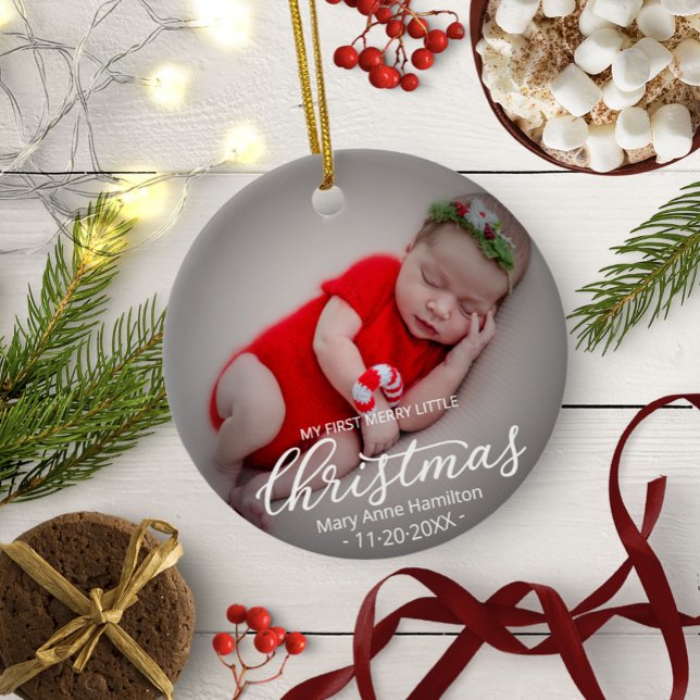 My First Merry Little Christmas Newborn Baby Photo Ceramic Ornament (Creator Uploaded)