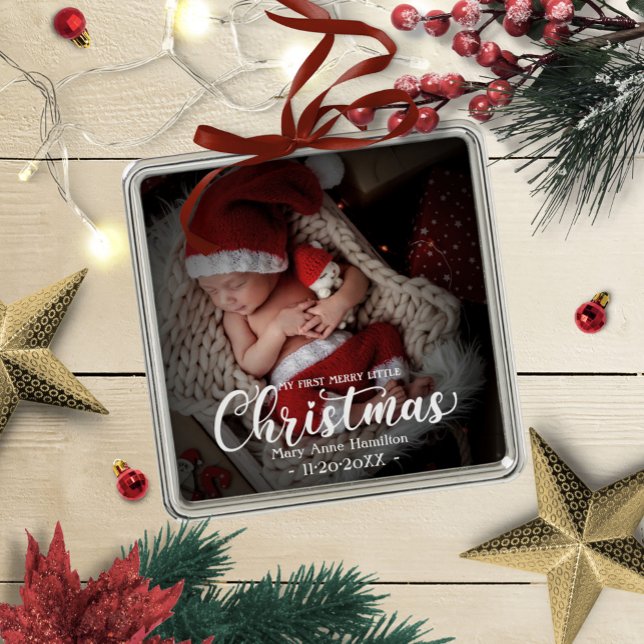 My First Merry Little Christmas Newborn Baby Photo Metal Ornament (Creator Uploaded)