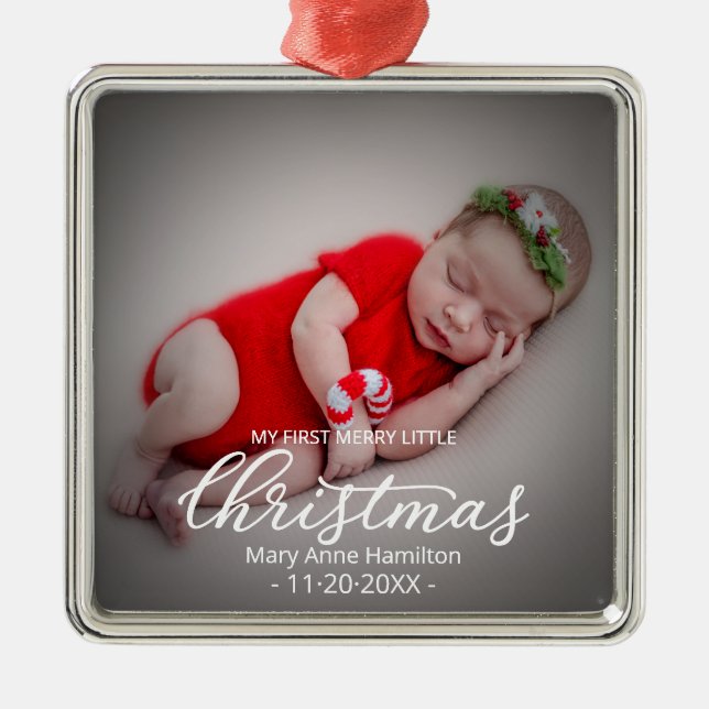 My First Merry Little Christmas Newborn Baby Photo Metal Ornament (Front)