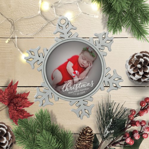 My First Merry Little Christmas Newborn Baby Photo Snowflake Pewter Christmas Ornament