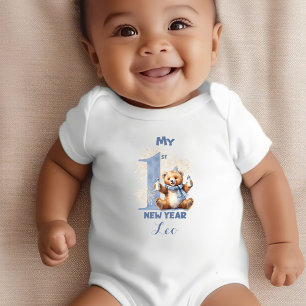 My First New Year Boy Name Blue Bear Baby Bodysuit