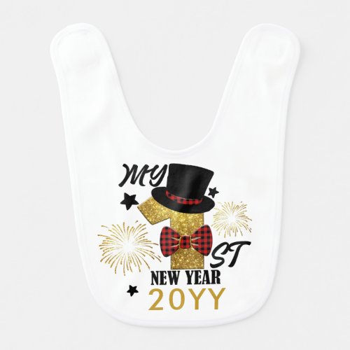 My First New Year Cute Baby Boy Gold Glitter Baby Bib