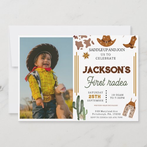 My First Rodeo Cowboy photo 1st Birthday Invitation