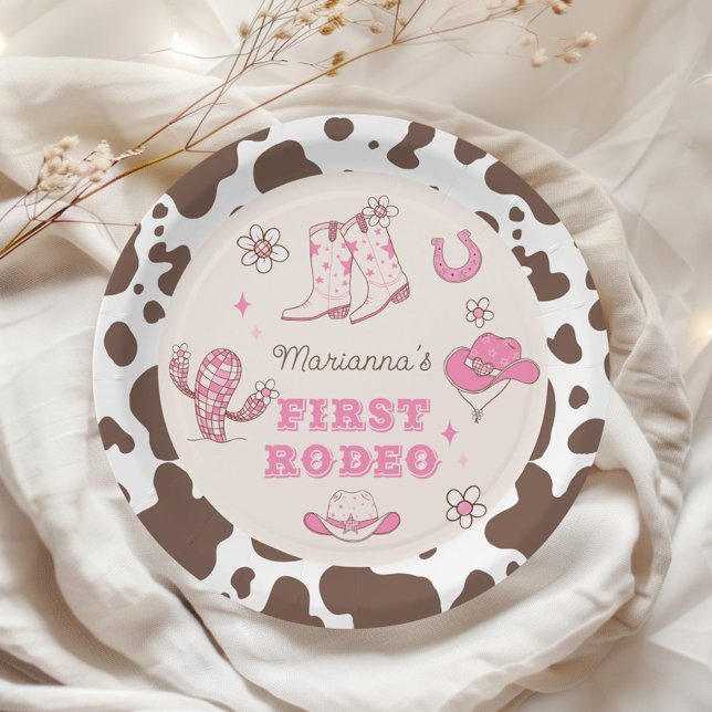 My First Rodeo Cowgirl pink brown birthday party Paper Plates (Creator Uploaded)