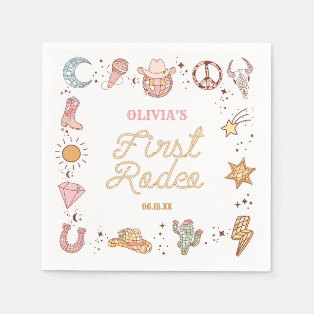 My First Rodeo Disco Cowgirl 1st Birthday Party Napkins (Front)