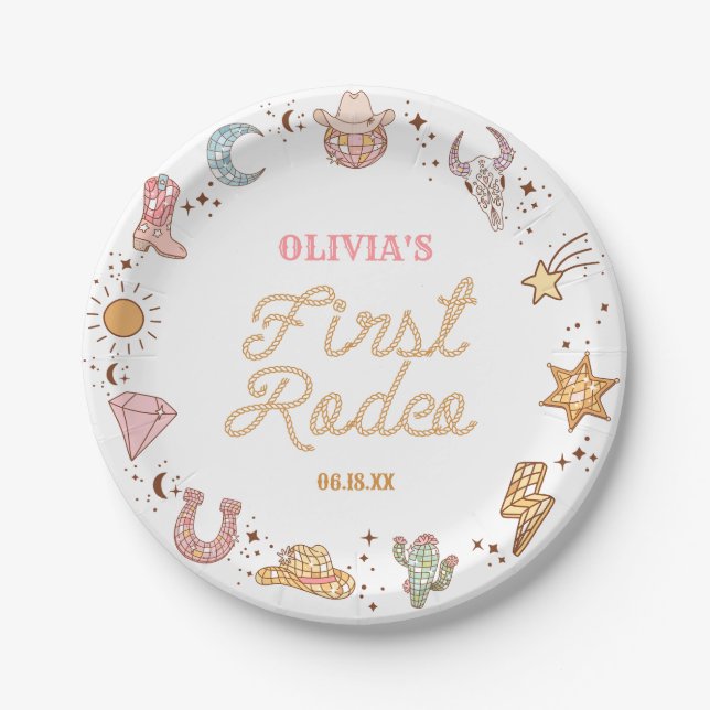 My First Rodeo Disco Cowgirl 1st Birthday Party Paper Plates (Front)