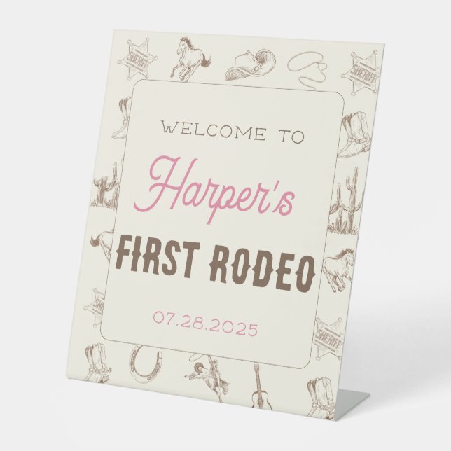 My First Rodeo Personalized Birthday Pink Girl Pedestal Sign (Front)