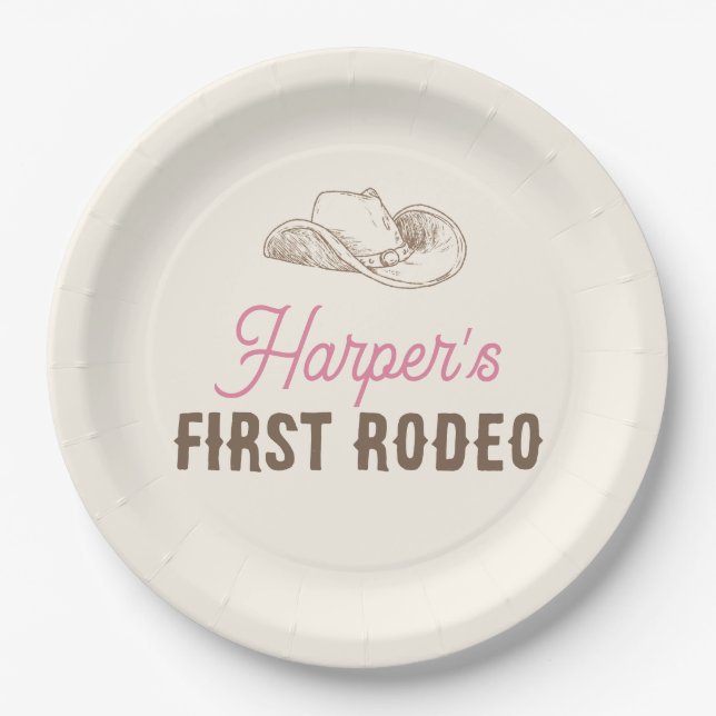 My First Rodeo Personalized Pink Cowgirl Birthday Paper Plates (Front)