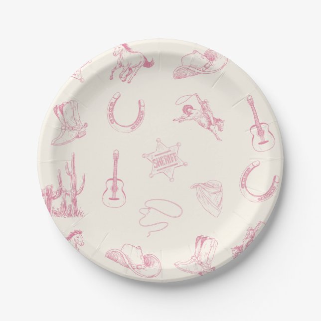 My First Rodeo Pink Cowgirl Western Birthday Paper Plates (Front)