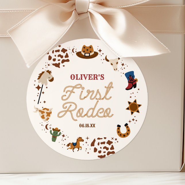 My First Rodeo Western Cowboy 1st Birthday Party Classic Round Sticker (Creator Uploaded)
