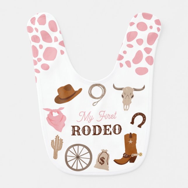 My First Rodeo Wild West Pink Girl First Birthday Baby Bib (Front)