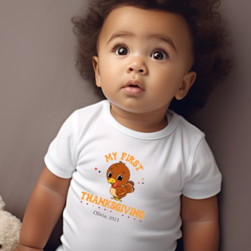 My First Thanksgiving Add a Name and Year white  Baby Bodysuit