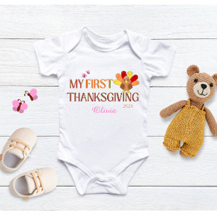 My First Thanksgiving Add Name girl white Baby Bodysuit