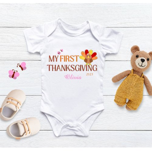 My First Thanksgiving Add Name girl white  Baby Bodysuit