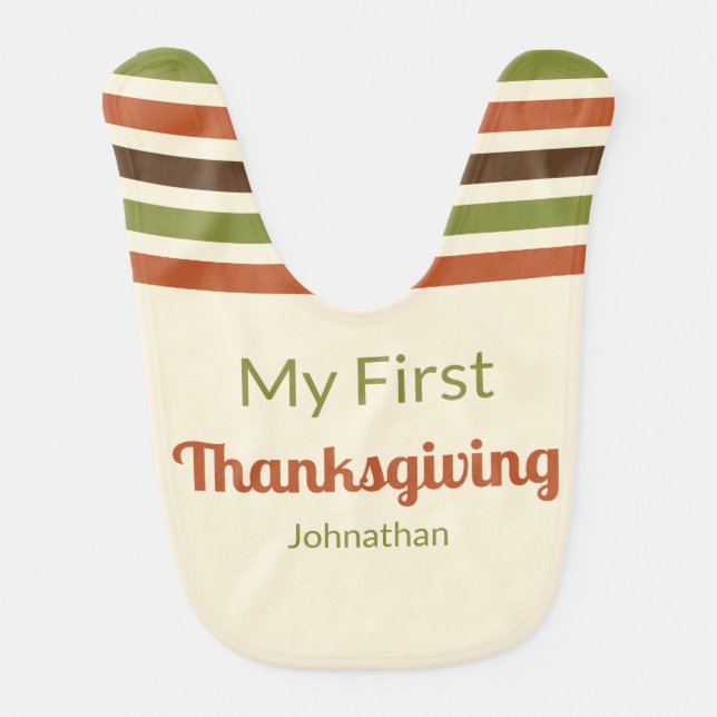 My First Thanksgiving Autumn Color Stripes Name Baby Bib (Front)