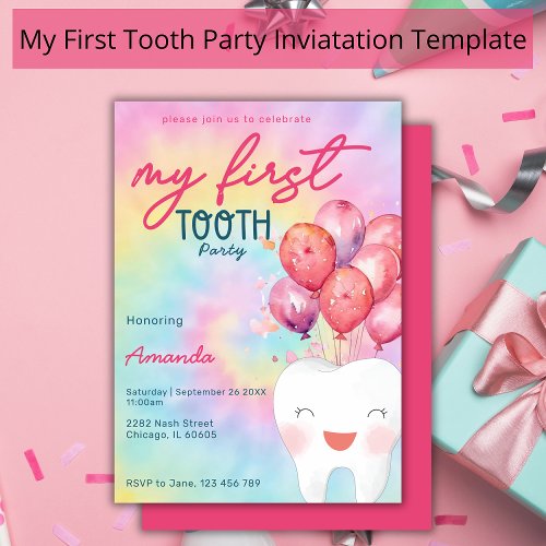 My First Tooth Party Tie Dye Balloon Girly  Invitation