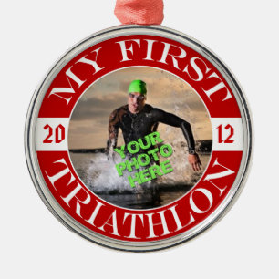 My First Triathlon - Customizable Photo and Year Metal Ornament