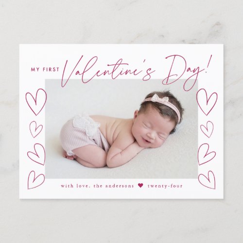 My First Valentines Day Fuchsia Script Photo Holiday Postcard