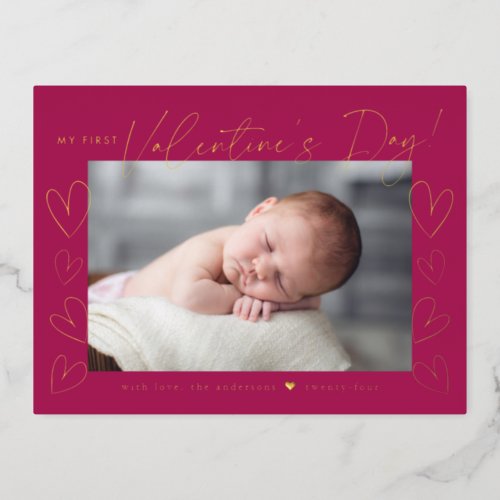 My First Valentines Day Fuchsia Valentines Day Foil Holiday Postcard