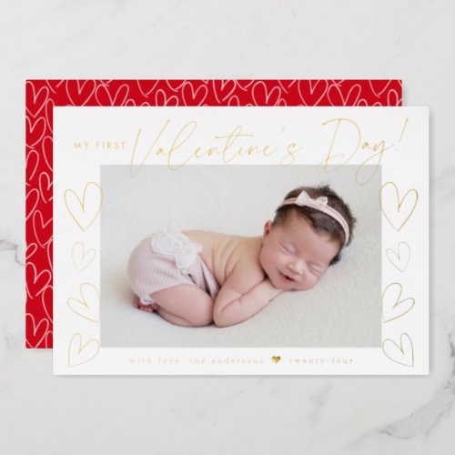 My First Valentines Day Gold Script Photo Foil Holiday Card