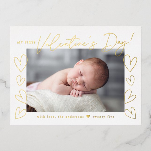 My First Valentine's Day Gold Valentine's Day Foil Holiday Postcard (Front)