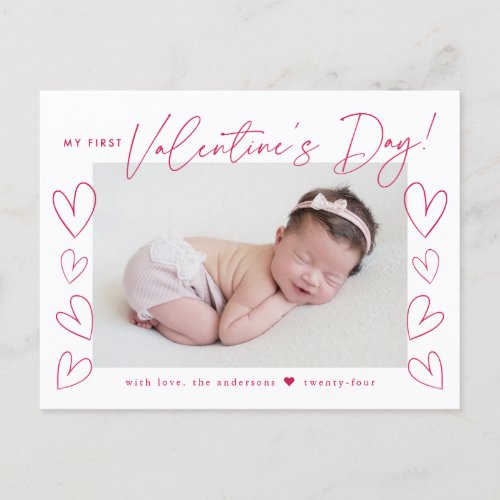 My First Valentines Day Magenta Script Photo Holiday Postcard