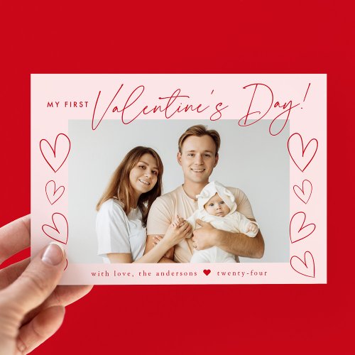 My First Valentines Day Pink and Red Script Photo Holiday Card