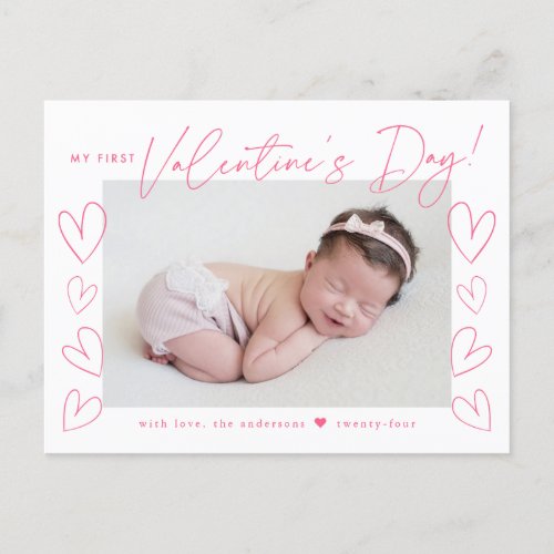 My First Valentines Day Pink Script Photo Holiday Postcard