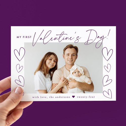 My First Valentines Day Purple Script Photo Holiday Card