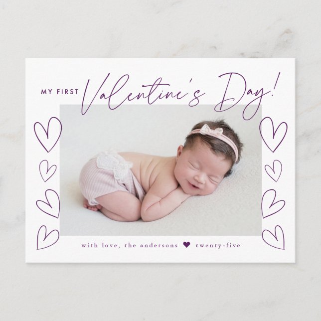 My First Valentine's Day Purple Script Photo Holiday Postcard (Front)