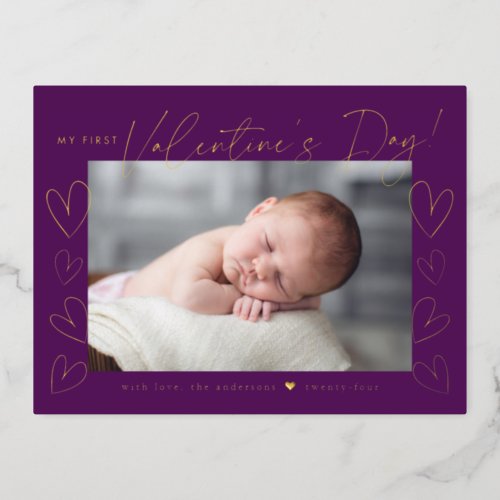 My First Valentines Day Purple Valentines Day Foil Holiday Postcard