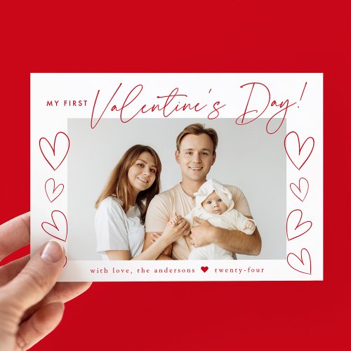 My First Valentines Day Red Script Photo Holiday Card