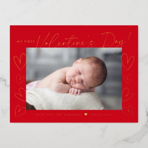 My First Valentines Day Red Valentines Day Foil Holiday Postcard